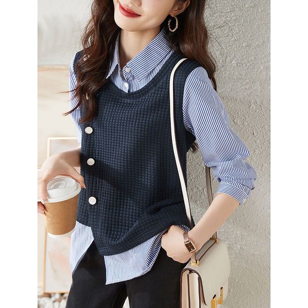 women's blouses shirts fashion button spliced fake two pieces striped blouse clothing autumn loose casual pullovers all-match shirt 230, White
women's blouses shirts fashion button spliced fake two pieces striped blouse clothing autumn loose casual pullovers all-match shirt 230, White