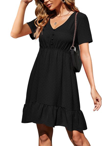 summer women short sleeve casual dresses v neck sundress ruffle hem tunic dress chiffon high waist loose button mini dress, Black;gray
summer women short sleeve casual dresses v neck sundress ruffle hem tunic dress chiffon high waist loose button mini dress, Black;gray