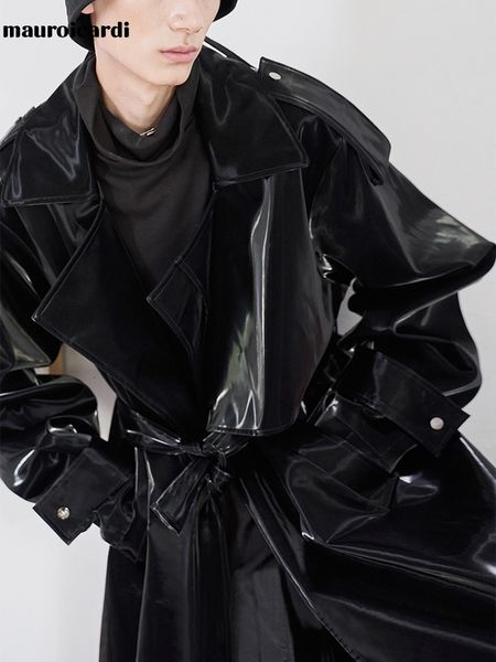 men's leather faux leather mauroicardi brand long oversized luxury reflective shiny patent leather trench coat men fashion belt waterpr, Black
men's leather faux leather mauroicardi brand long oversized luxury reflective shiny patent leather trench coat men fashion belt waterpr, Black