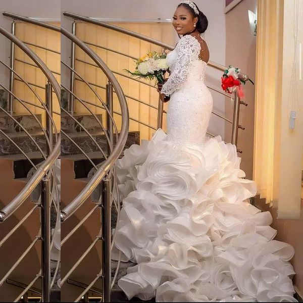 plus size lace illusion bodice mermaid wedding dress with long cascading ruffles train sheer wedding dresses long sleeve mermaid bridal dres, White
plus size lace illusion bodice mermaid wedding dress with long cascading ruffles train sheer wedding dresses long sleeve mermaid bridal dres, White