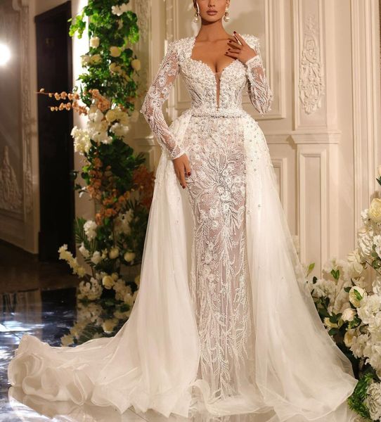 exquisite mermaid wedding dresses long sleeves v neck pearls appliques sequins beaded floor length detachable train plus size elegant bridal, White
exquisite mermaid wedding dresses long sleeves v neck pearls appliques sequins beaded floor length detachable train plus size elegant bridal, White