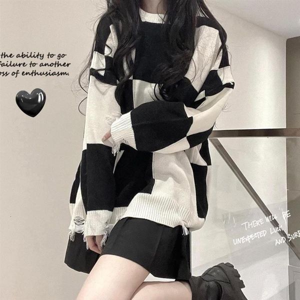 women's sweaters deeptown korean style plaid cute oversize sweater womens harajuku hollow out knitted crewneck jumper pullover female s, White;black
women's sweaters deeptown korean style plaid cute oversize sweater womens harajuku hollow out knitted crewneck jumper pullover female s, White;black