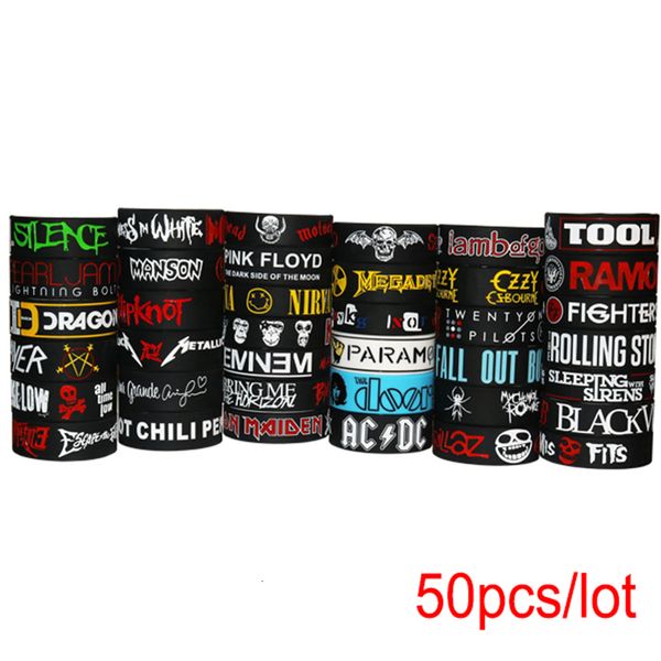 charm bracelets 50pcs/lot rock bands silicone bracelets wide size punk and hard metal wristbands 230227, Golden;silver 
charm bracelets 50pcs/lot rock bands silicone bracelets wide size punk and hard metal wristbands 230227, Golden;silver