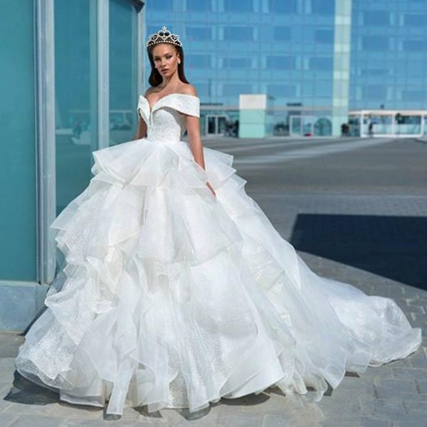 ball gown wedding dresses off the shoulder beaded sequins ruffle tiers sweep train bridal gowns custom made abiti da sposa, White
ball gown wedding dresses off the shoulder beaded sequins ruffle tiers sweep train bridal gowns custom made abiti da sposa, White