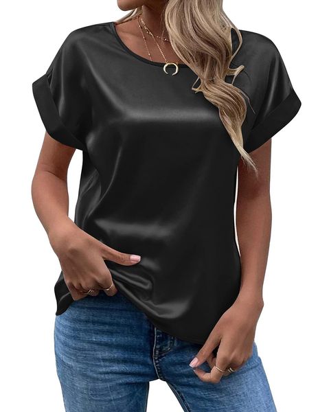 summer women short sleeve satin blouses casual loose crewneck silk shirts roll up sleeve tunic, White
summer women short sleeve satin blouses casual loose crewneck silk shirts roll up sleeve tunic, White