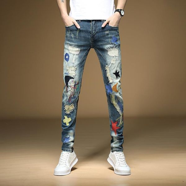 men's jeans spring autumn washed cowboy patchwork ripped hole hiphop embroidery scratch beggar korean cargo slim luxury male trousers 2, Blue
men's jeans spring autumn washed cowboy patchwork ripped hole hiphop embroidery scratch beggar korean cargo slim luxury male trousers 2, Blue
