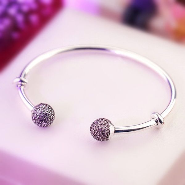 925 sterling silver open bangle bracelet with purple cz pave ball fits european pandora jewelry charm, Black
925 sterling silver open bangle bracelet with purple cz pave ball fits european pandora jewelry charm, Black