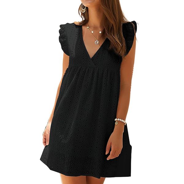 women summer casual dress v neck short sleeve dress swing flowy ruffle hem mini beach summer dresses, Black;gray
women summer casual dress v neck short sleeve dress swing flowy ruffle hem mini beach summer dresses, Black;gray