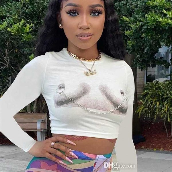designer t-shirt new printed round neck long sleeve exposed navel chain tee women casual, White
designer t-shirt new printed round neck long sleeve exposed navel chain tee women casual, White