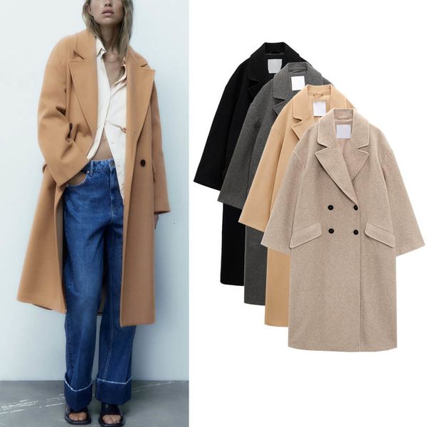 women's wool blends za autumn and winter double breasted loose lapel long sleeved woolen overcoat coat middle style fashion 230227, Black
women's wool blends za autumn and winter double breasted loose lapel long sleeved woolen overcoat coat middle style fashion 230227, Black