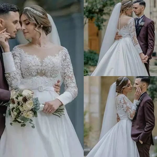 elegant wedding dresses long sleeves sheer neck lace appliques beads bridal gowns button back sweep train a-line wedding dress custom, White
elegant wedding dresses long sleeves sheer neck lace appliques beads bridal gowns button back sweep train a-line wedding dress custom, White