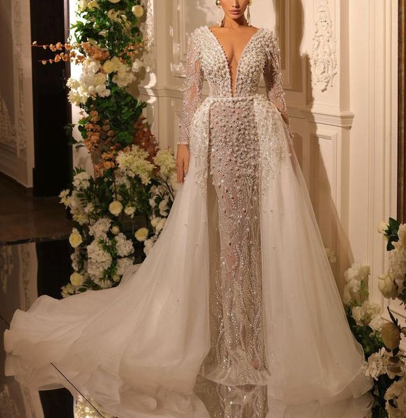 luxury mermaid wedding dresses long sleeves v neck 3d lace beaded sequins appliques detachable train pearls diamonds bridal gowns plus size, White
luxury mermaid wedding dresses long sleeves v neck 3d lace beaded sequins appliques detachable train pearls diamonds bridal gowns plus size, White