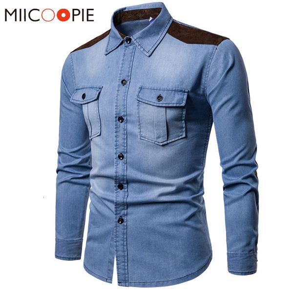 men's casual shirts denim long sleeve cotton jeans slim suede matching s solid pocket chemise homme 230227, White;black
men's casual shirts denim long sleeve cotton jeans slim suede matching s solid pocket chemise homme 230227, White;black
