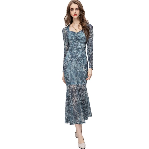 women's runway dresses scoop neckline long sleeves printed elegant fashion mermaid vestidos, Black