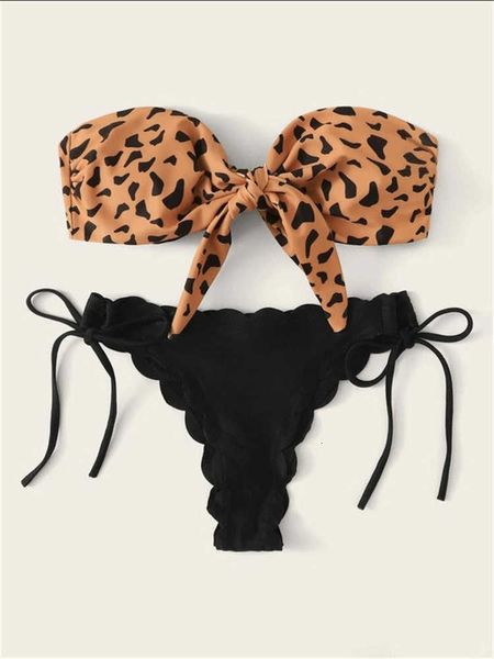 

Sexy Bikini Thong Swimsuit Beach 2022 Woman Front Lace Up Tie Strapless Leopard Female Push Ruffled Bow Bathing Suit Swimwear, Black