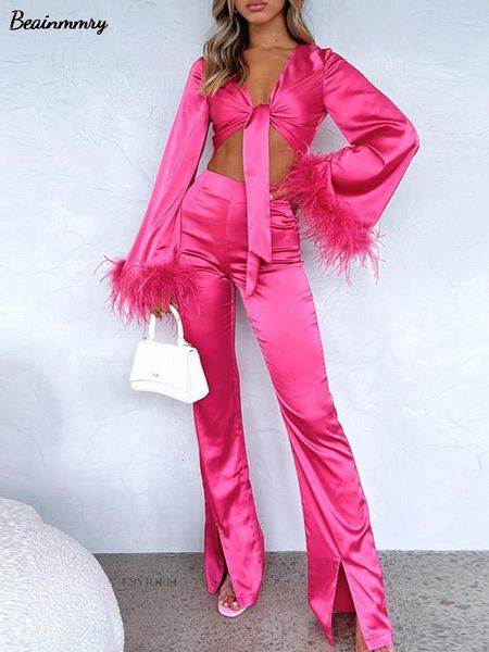 women's two piece pants feather crop and split trousers two piece sets women fashion flare long sleeve tie up blouse high waist pants, White
women's two piece pants feather crop and split trousers two piece sets women fashion flare long sleeve tie up blouse high waist pants, White
