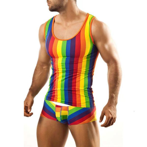 men's sleepwear men's pajamas set rainbow stripe printed sleeveless tank shirt summer daily home tight shorts set men's 2-pie, Black;brown
men's sleepwear men's pajamas set rainbow stripe printed sleeveless tank shirt summer daily home tight shorts set men's 2-pie, Black;brown