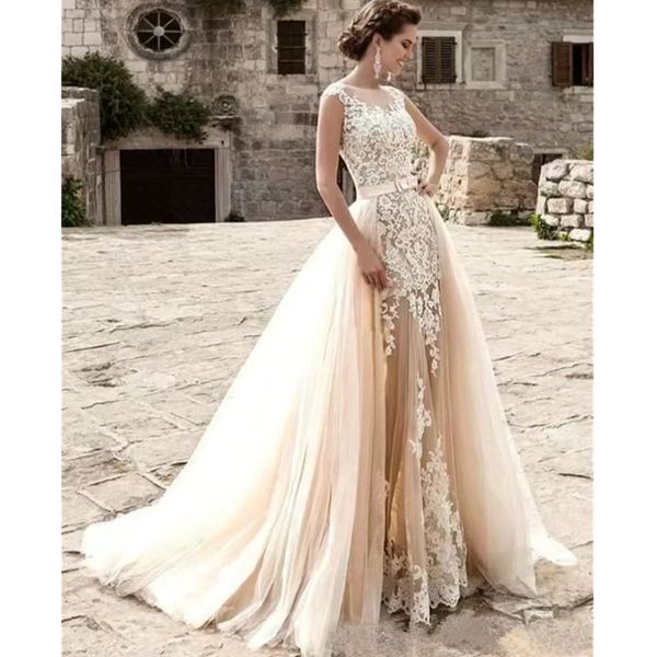 modern lace mermaid wedding dresses with detachable skirt sheer cap sleeve scoop neck appliqued long summer boho bridal gowns, White
modern lace mermaid wedding dresses with detachable skirt sheer cap sleeve scoop neck appliqued long summer boho bridal gowns, White