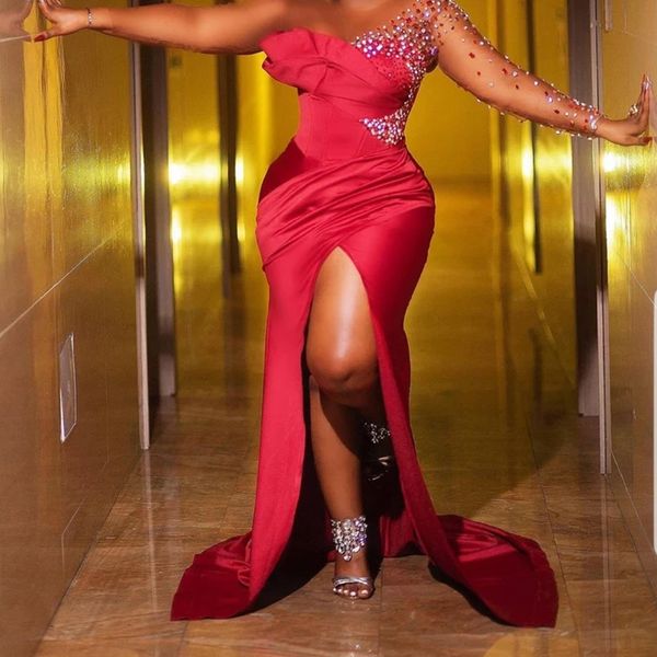 luxury evening dresses sheer jewel neck beaded high side split long sleeve mermaid prom dress sweep train custom made robes, Black;red
luxury evening dresses sheer jewel neck beaded high side split long sleeve mermaid prom dress sweep train custom made robes, Black;red