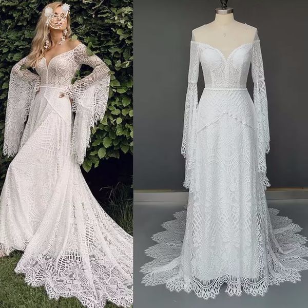 modest full lace a line wedding dresses off shoulder long sleeves summer beach boho bohemia bridal gowns custom made wedding bride gown, White
modest full lace a line wedding dresses off shoulder long sleeves summer beach boho bohemia bridal gowns custom made wedding bride gown, White