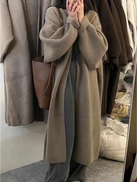women's wool blends autumn and winter long knitted sweater korean oversized loose thickened medium cardigan solid color woolen 230227, Black
women's wool blends autumn and winter long knitted sweater korean oversized loose thickened medium cardigan solid color woolen 230227, Black
