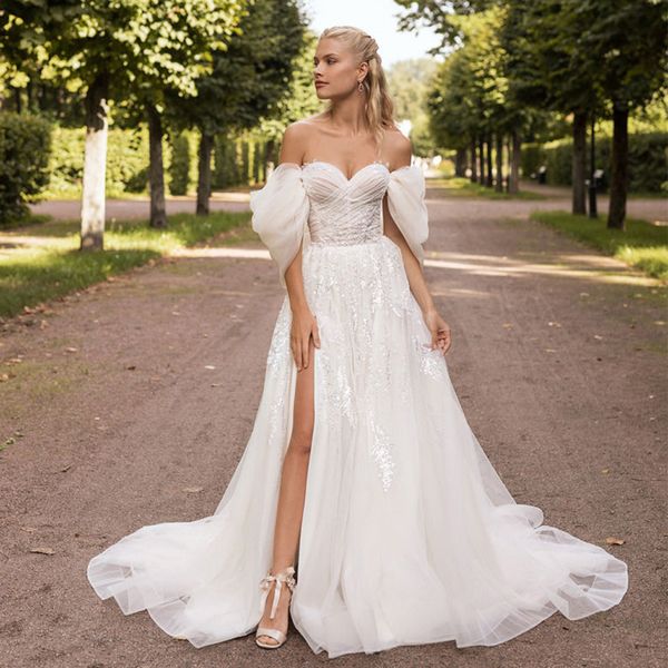 2023 sweetheart wedding dress tulle lace appliques gillter tulle off the shoulder a-line side slit bridal gowns sweep train vestidos de noiv, White
2023 sweetheart wedding dress tulle lace appliques gillter tulle off the shoulder a-line side slit bridal gowns sweep train vestidos de noiv, White