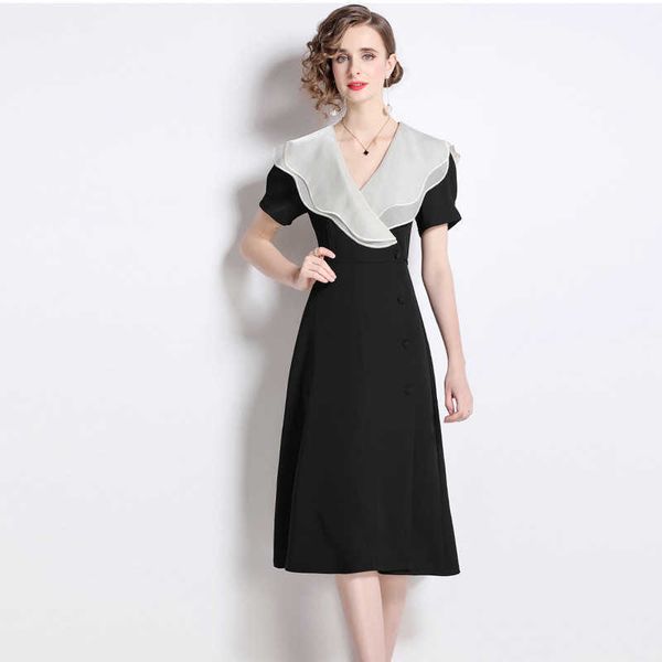 women's casual dresses 2023 summer french v-neck wind ruffle large lapel show slim black dresses, Black;gray
women's casual dresses 2023 summer french v-neck wind ruffle large lapel show slim black dresses, Black;gray