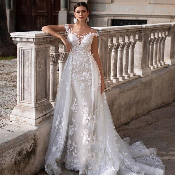detachable sheath mermaid wedding dresses capped deep v neck backless applique lace bridal gowns, White
detachable sheath mermaid wedding dresses capped deep v neck backless applique lace bridal gowns, White
