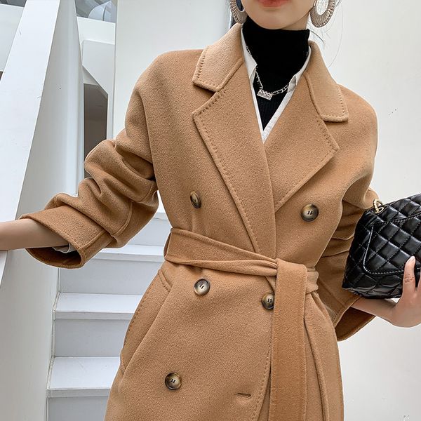 women's wool blends autumn and winter double sided cashmere coat medium long versatile casual british style woolen 230227, Black
women's wool blends autumn and winter double sided cashmere coat medium long versatile casual british style woolen 230227, Black