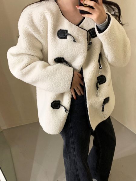 women's wool blends round neck imitation lambswool jacket autumn winter retro metal buckle solid color longsleeve fleece coat female 23, Black
women's wool blends round neck imitation lambswool jacket autumn winter retro metal buckle solid color longsleeve fleece coat female 23, Black