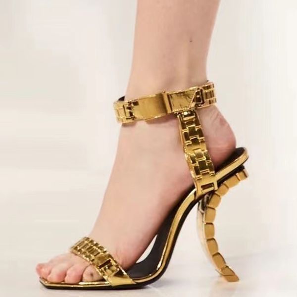 luxury fashion metal heel sandals women's gold strap decorative fashion show banquet party shoes designer 10cm sq, Black
luxury fashion metal heel sandals women's gold strap decorative fashion show banquet party shoes designer 10cm sq, Black