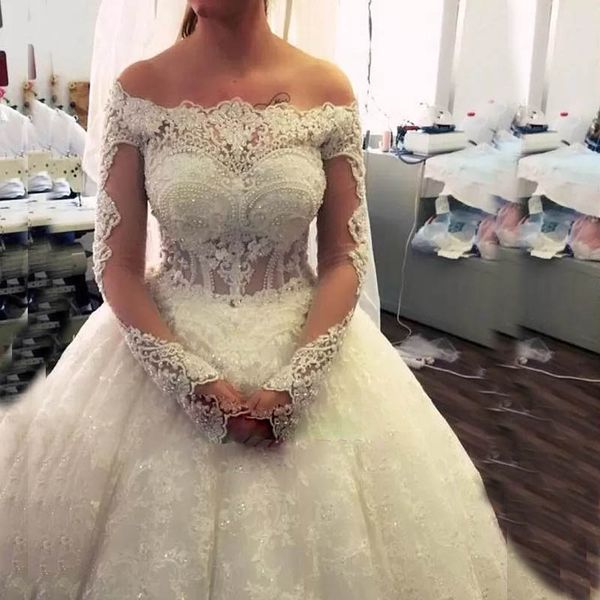 modern luxurious off shoulder beading lace ball gown beaded princess long sleeve wedding dresses for bridal illusion bodice fishbone gown, White
modern luxurious off shoulder beading lace ball gown beaded princess long sleeve wedding dresses for bridal illusion bodice fishbone gown, White
