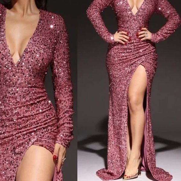 new shiny sequines celebrity dress deep v neck long sleeves mermaid glitter split side evening gowns red carpet prom dresses, Black
new shiny sequines celebrity dress deep v neck long sleeves mermaid glitter split side evening gowns red carpet prom dresses, Black
