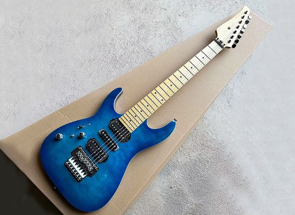 left hand 7 strings blue electric guitar with quilted maple veneer floyd rose customized logo color available
left hand 7 strings blue electric guitar with quilted maple veneer floyd rose customized logo color available
