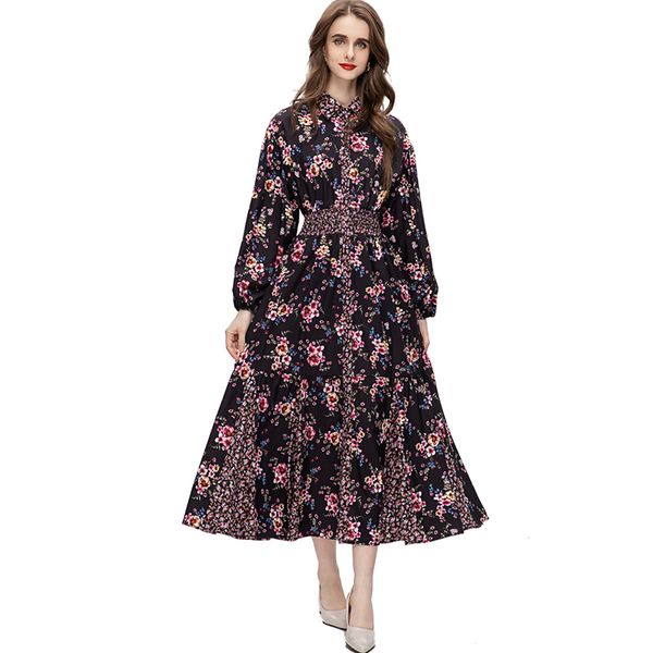 women's runway dresses turn down collar long sleeves printed floral single breasted high street vestidos, Black
women's runway dresses turn down collar long sleeves printed floral single breasted high street vestidos, Black