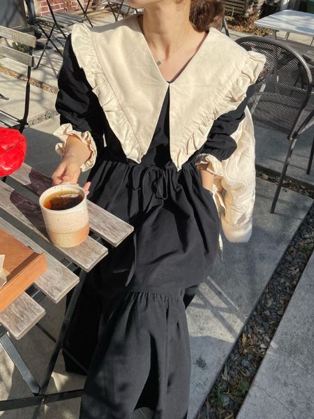 casual dresses korean chic fashion laceup midi dress vintage big lapel contrast color ruffle trim loose hem long sleeve dresses spring 23022, Black;gray
casual dresses korean chic fashion laceup midi dress vintage big lapel contrast color ruffle trim loose hem long sleeve dresses spring 23022, Black;gray