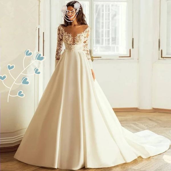 2023 simple new satin a line wedding dresses with elegant o neck lace applique long sleeves floor length bridal gowns bride dress customized, White
2023 simple new satin a line wedding dresses with elegant o neck lace applique long sleeves floor length bridal gowns bride dress customized, White