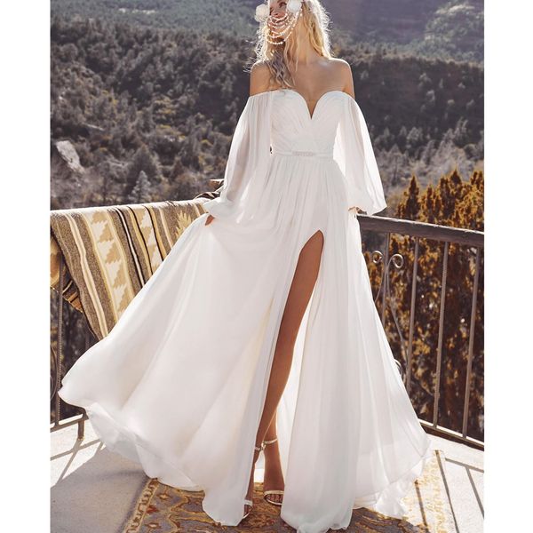 simple satin a line v neck wedding dresses long fuff sleeve lace beach bride dress off the shoulder boho bridal gowns, White
simple satin a line v neck wedding dresses long fuff sleeve lace beach bride dress off the shoulder boho bridal gowns, White