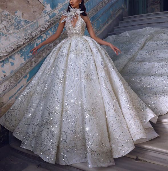 sparkly ball gown wedding dresses v neck haler sleeveless sequins 3d lace appliques floor length beaded ruffles pearls formal dresses gowns, White
sparkly ball gown wedding dresses v neck haler sleeveless sequins 3d lace appliques floor length beaded ruffles pearls formal dresses gowns, White