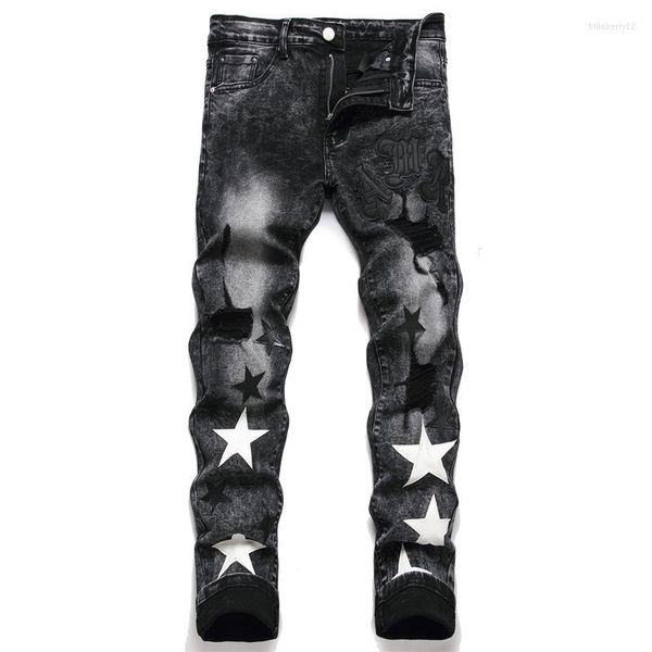 men's jeans stars men embroidery ripped trend motorcycle pants streetwear black denim slim fit casual holes destroyed hip hop trousers, Blue
men's jeans stars men embroidery ripped trend motorcycle pants streetwear black denim slim fit casual holes destroyed hip hop trousers, Blue
