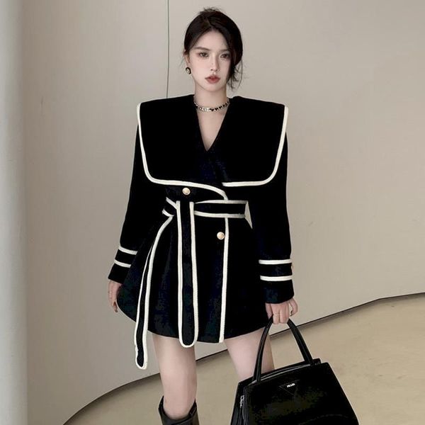 women's wool blends korean fashion coat winter elegant navy collar thickened tweed trench s longsleeved jackets with belt 230227, Black
women's wool blends korean fashion coat winter elegant navy collar thickened tweed trench s longsleeved jackets with belt 230227, Black