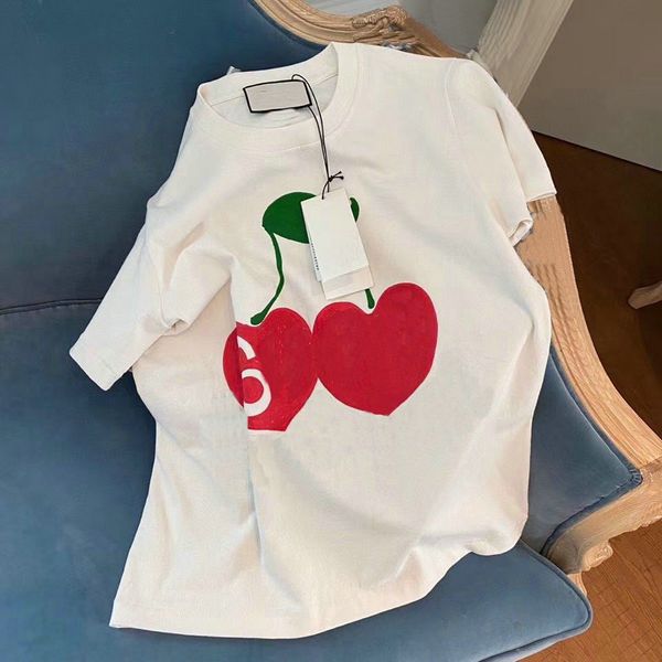 

Children T-shirts Summer Short Sleeve Shirt Baby Girls Boys Red Cherries Letter Pattern Bottoming Blouses Kids Clothes Tops Tees Loose Style, White