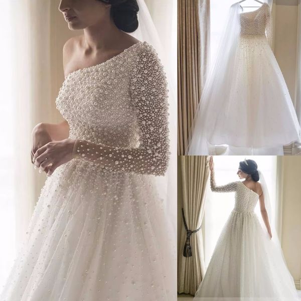 princess a-line wedding dresses one shoulder long sleeve beading peals floor length train tulle lace boho wedding gowns plus size, White
princess a-line wedding dresses one shoulder long sleeve beading peals floor length train tulle lace boho wedding gowns plus size, White