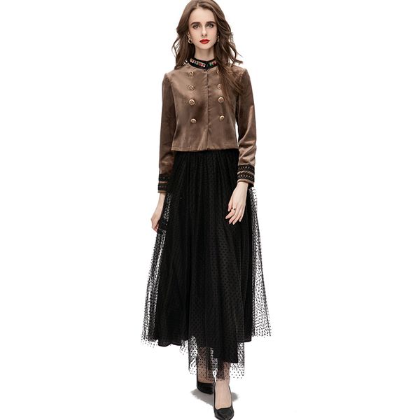 women's runway two piece dress stand collar long sleeves blouse with layered skirts fashion twinset sets, White
women's runway two piece dress stand collar long sleeves blouse with layered skirts fashion twinset sets, White