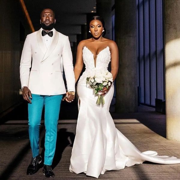 gorgeous mermaid wedding dresses beaded bridal gowns appliqued sheer deep v neckline satin side split sweep train vestido de novia, White
gorgeous mermaid wedding dresses beaded bridal gowns appliqued sheer deep v neckline satin side split sweep train vestido de novia, White