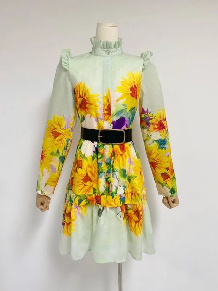 23 spring style ruffle collar dress sunflower pattern skirt stitching, Black;gray