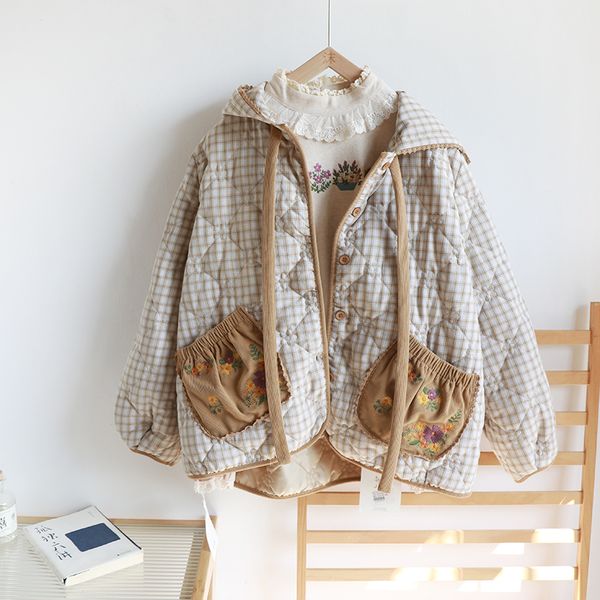 women's wool blends autumn winter women japan style cute vintage check flower embroidery loose oversized comfortable warm cotton padded, Black
women's wool blends autumn winter women japan style cute vintage check flower embroidery loose oversized comfortable warm cotton padded, Black