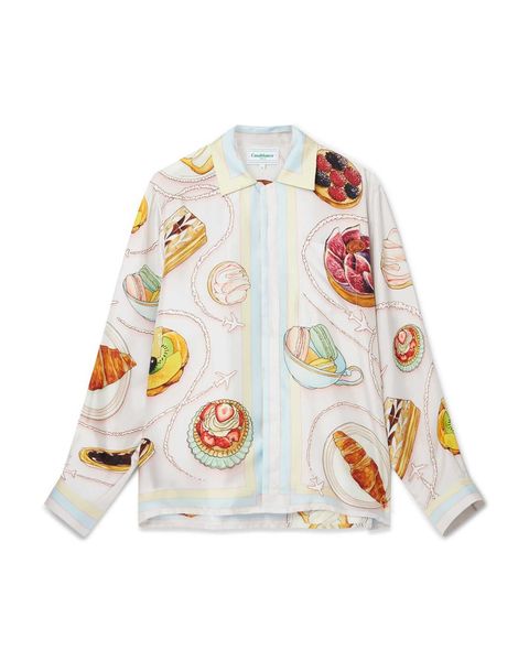 23ss new casablanca hawaii beach shirt men and women silk casual shirt gourmet cake travel pattern blue twill silk shirt, White;black
23ss new casablanca hawaii beach shirt men and women silk casual shirt gourmet cake travel pattern blue twill silk shirt, White;black