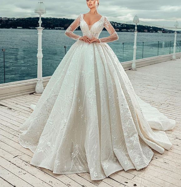 elegant ball gown wedding dresses long sleeves v neck sequins appliques beaded 3d lace ruffles diamond pearls bridal gowns plus size custom, White
elegant ball gown wedding dresses long sleeves v neck sequins appliques beaded 3d lace ruffles diamond pearls bridal gowns plus size custom, White
