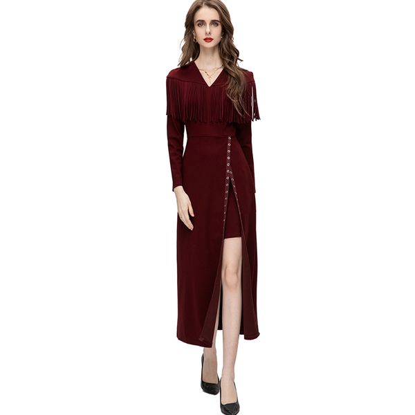 women's runway dresses v neck long sleeves tassels detailing split fashion elegant vestidos, Black
women's runway dresses v neck long sleeves tassels detailing split fashion elegant vestidos, Black
